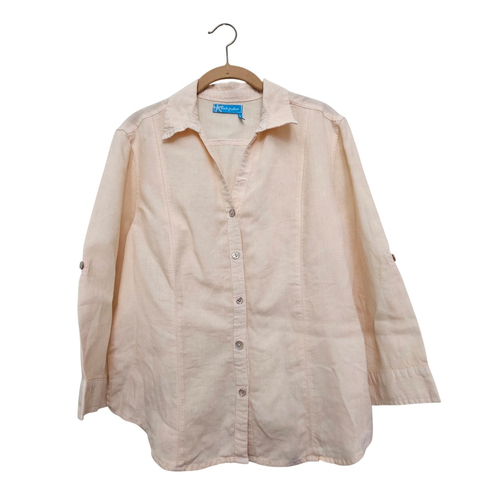 Fresh Produce Button Down Shirt Womens Large Peach 100% Linen Roll Tab Sleeve